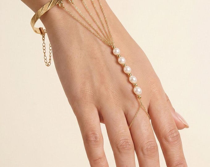 14K Gold Pearl Hand Chain Bangle