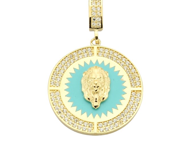 Cz Medallion Lion Pendant W/Turquoise Enamel - 14K Gold Medallion Lion Head Necklace - Birthday Gift- Anniversary Gift