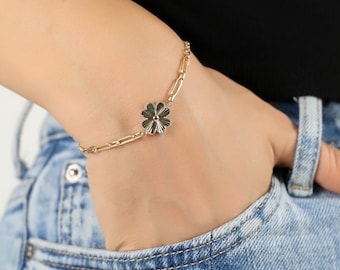 14K Gold Clover W/Paperclip and Rolo Chain Bracelet , Lucky Four Leaf Flower Bracelet, Dainty Chain Bracelet, Christmas Gift