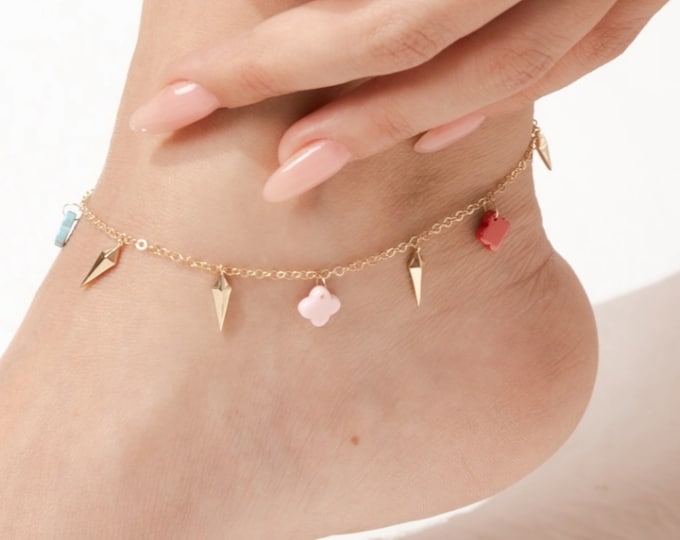 Handmade Gold Anklet w/ Dangle Colorful Clover and Spike- 14K Gold Anklet- Beach Jewelry- Gift For Bridal- Anniversary Gift