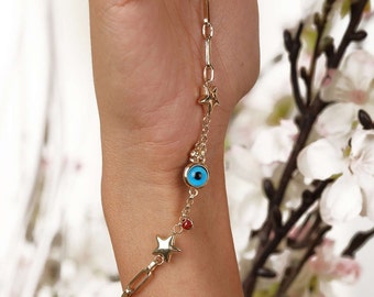 14K Gold Paperclip Rolo Chain W/Stars & Evil Eye Bracele