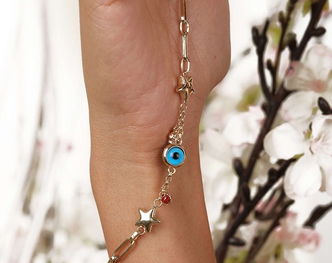 14K Gold Paperclip Rolo Chain W/Stars & Evil Eye Bracele