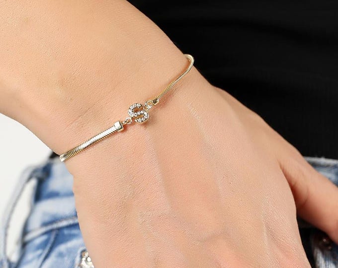 14K Gold Snake Chain W/ Cz Initial Bracelet, Alphabet Bracelet, Personalized jewelry Gift Her, Christmas Gift
