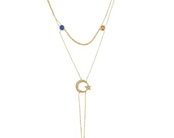 14K Real Gold Moon and Star Hand Chain Bracelet/ Slave Hand Bracelet/ Gemstone Hand Bracelet/ Moon Star Slave Bracelet/ Bridal Gift