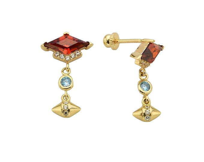 Handmade Garnet and Blue Topaz Dangle Earrings with Gold Plating-  Kite Cut Garnet Dangle Cz Earrings- Wedding Earrings Gift Bridal