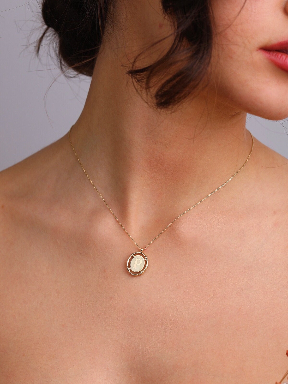 14K Gold Oval Enamel Initial Necklace White Enamel Initial Letter