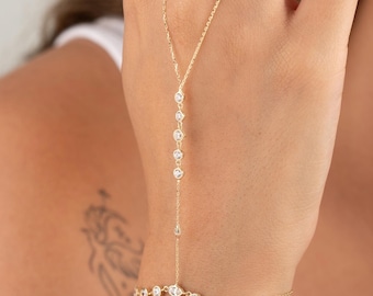 14K Gold CZ Bezel Set Hand Chain Bracelet