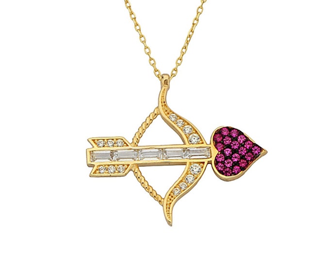 14K Cupid's Arrow Necklace-  Cz Baguette Cupid's Arrow Necklace - Pink Tourmaline Arrow Pendant- Gift For Girlfriend- Anniversary Gift