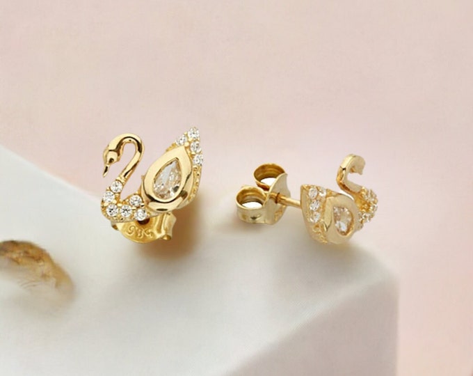 14K Gold Cz Swan Stud Earrings