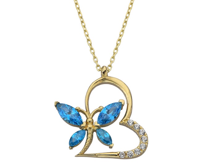 Blue Marquise Heart Butterfly Necklace