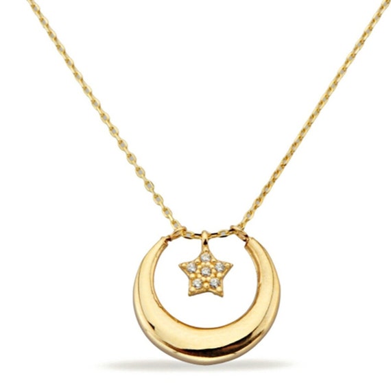 14k Gold Moon Star Necklace: Crescent Horn Pendant, Cubic