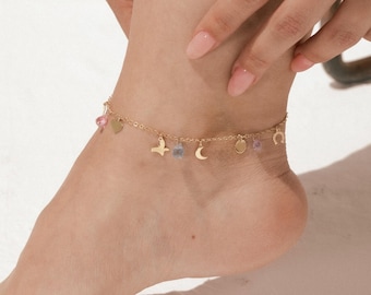 Dangle Colorful W/ Moon, Heart, Bird, &Horseshoe Anklet| 14K Gold Delicate Summer Jewelry for Women | Beach Anklet