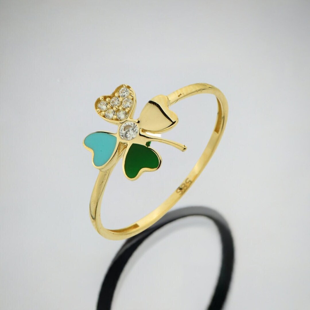 14K Yellow Gold Enamel Clover Ring- Minimalist Clover Ring- 4 Leaf ...
