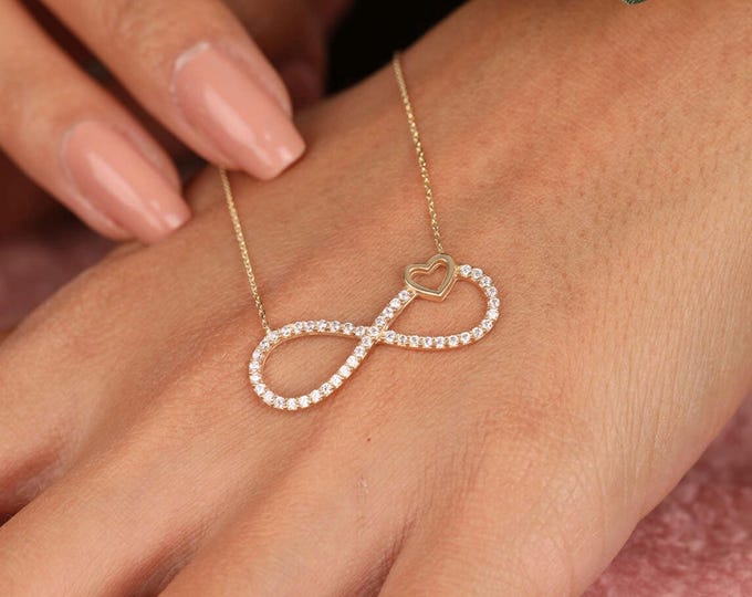 14K Solid Gold Cz Infinity W/ Heart Necklace
