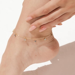 14K Gold Evil Eye Beaded Anklet - Dainty Beach Jewelry
