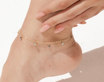 14K Gold Dangle Evil Eye Beaded Anklet