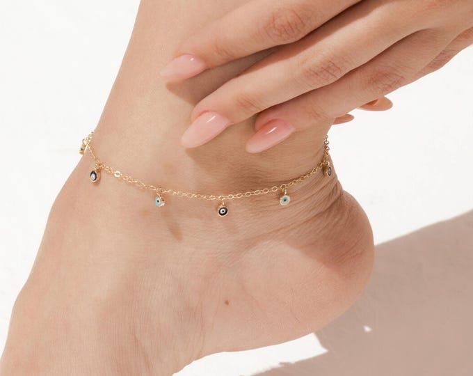 14K Gold Dangle Evil Eye Beaded Anklet