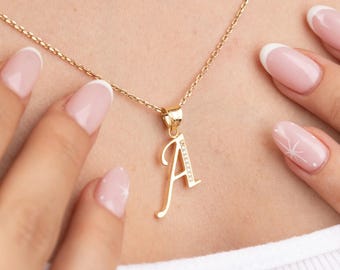 14K Gold Cz Initial Necklace