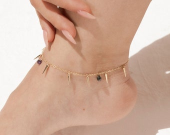 14K Gold Anklet w/ Dangle Colorful and Spike- 14K Gold Anklet- Beach Jewelry- Gift For Bridal- Anniversary Gift