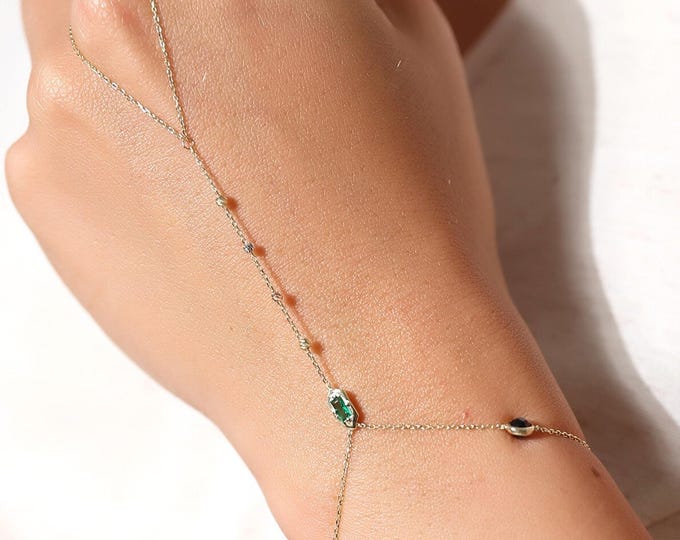14K Gold Gemstone Hand Chain Bracelet