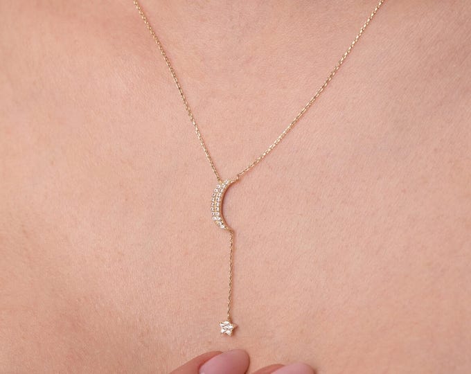 14K Gold Cz Half Moon & Dangle Star Necklace