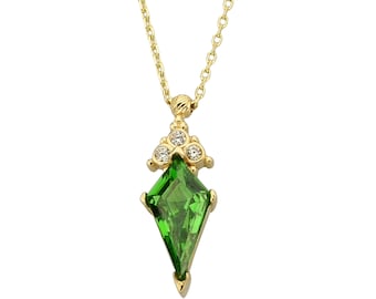 14K Gold Kite Green Gemstone W/Cz Necklace