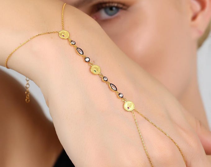 14K Gold Ottoman Tughra Hand Chain Bracelet