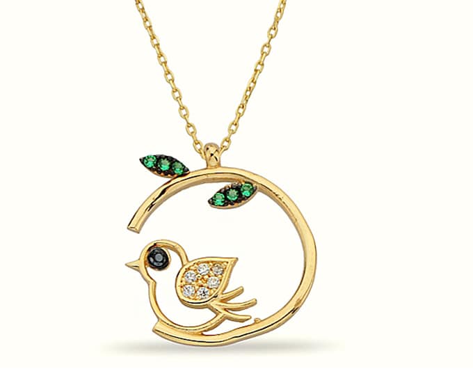 14K Gold Cz Bird Necklace