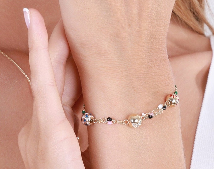 14K Gold Enamel Beaded Bracelet