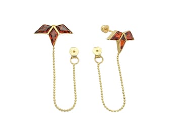 14K Gold Vintage Garnet Earrings- Geometric Gold Earrings with Garnet Triangles With Chain - Wedding earrings- Birthday Gift- Gift Bridal