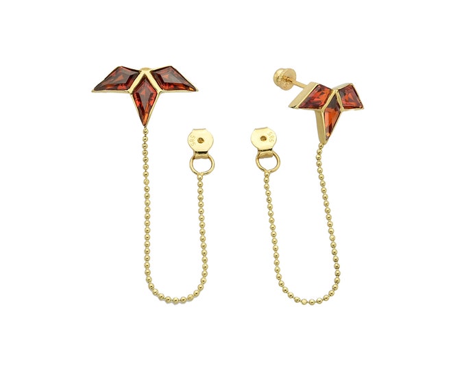 14K Gold Vintage Garnet Earrings- Geometric Gold Earrings with Garnet Triangles With Chain - Wedding earrings- Birthday Gift- Gift Bridal