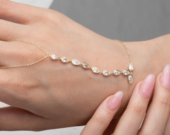 Cz Pear Bezel Set Hand Chain Bracelet