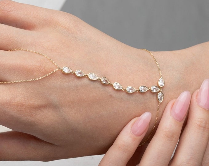 Cz Pear Bezel Set Hand Chain Bracelet