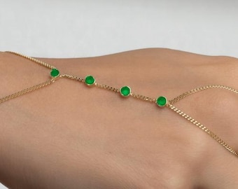 4-Stone Emerald Bezel Set Hand Chain Bracelet