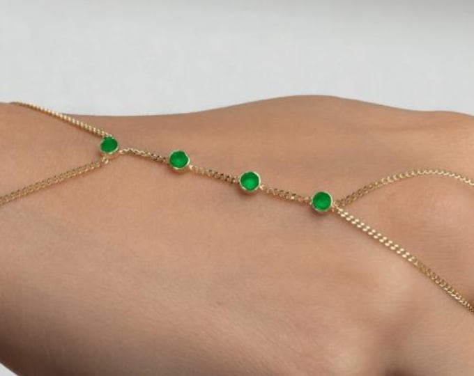4-Stone Emerald Bezel Set Hand Chain Bracelet