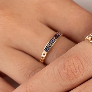 14K Gold Greek Key Ring with Black Enamel - Unisex Stackable Band