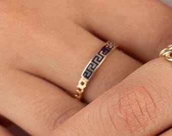 Gold Greek Key Pattern Ring W/ Black Enamel