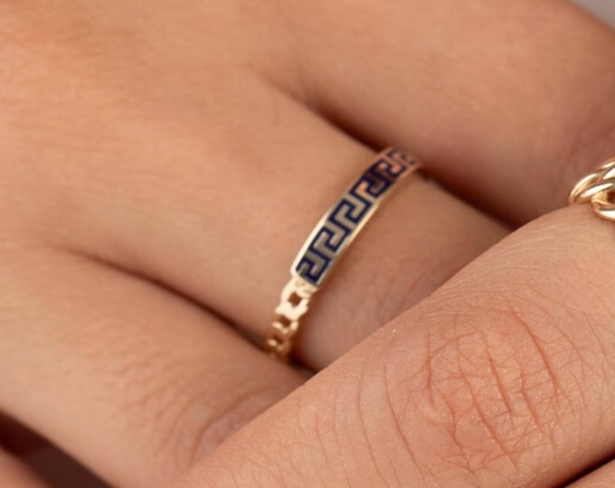 Gold Greek Key Pattern Ring W/ Black Enamel