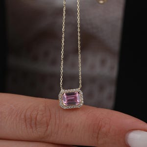 14K Gold Emerald Cut Pink Tourmaline Necklace: Dainty Halo Pendant