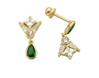 14K Gold Green and White Gemstone Drop Earrings- Elegant Vintage-Inspired Jewelry- Wedding Earrings - Gift For Bridal