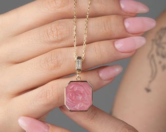 14K Gold Octagon Enamel Pendant Necklace