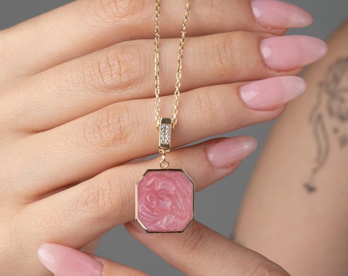 14K Gold Octagon Enamel Pendant Necklace