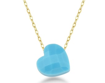 Solitaire Heart Turquoise Necklace - 14K Gold Puffed Heart Cz Blue Pendant - Birthstone Heart Pendant - Anniversary Gift - Birthday Gift