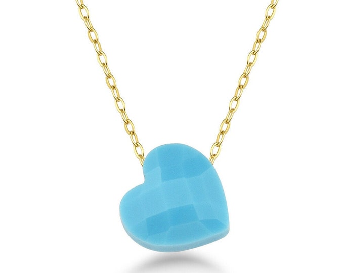 Solitaire Heart Turquoise Necklace - 14K Gold Puffed Heart Cz Blue Pendant - Birthstone Heart Pendant - Anniversary Gift - Birthday Gift