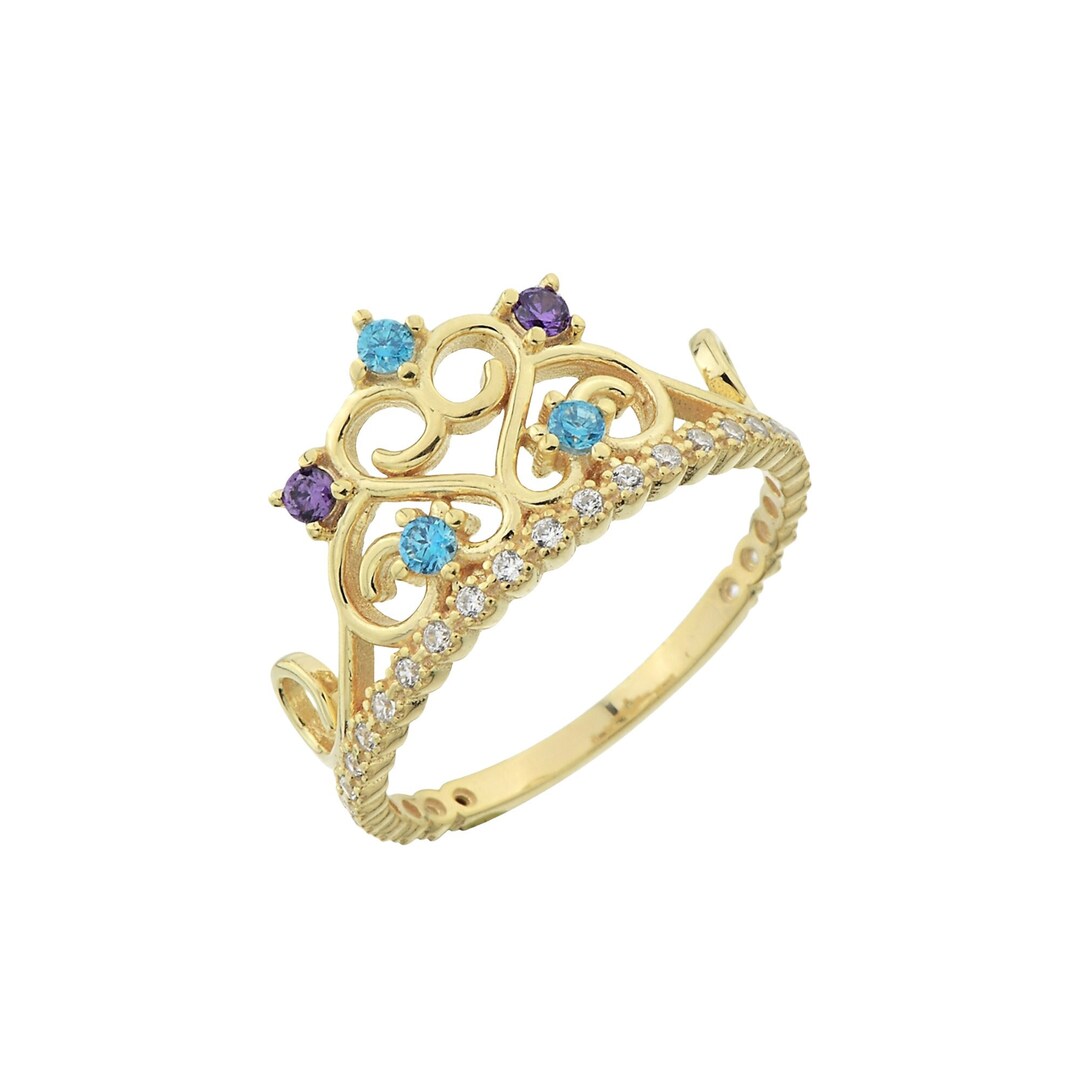 14K Gold Princess Tiara Ring With Gemstone Royal Crown - Etsy