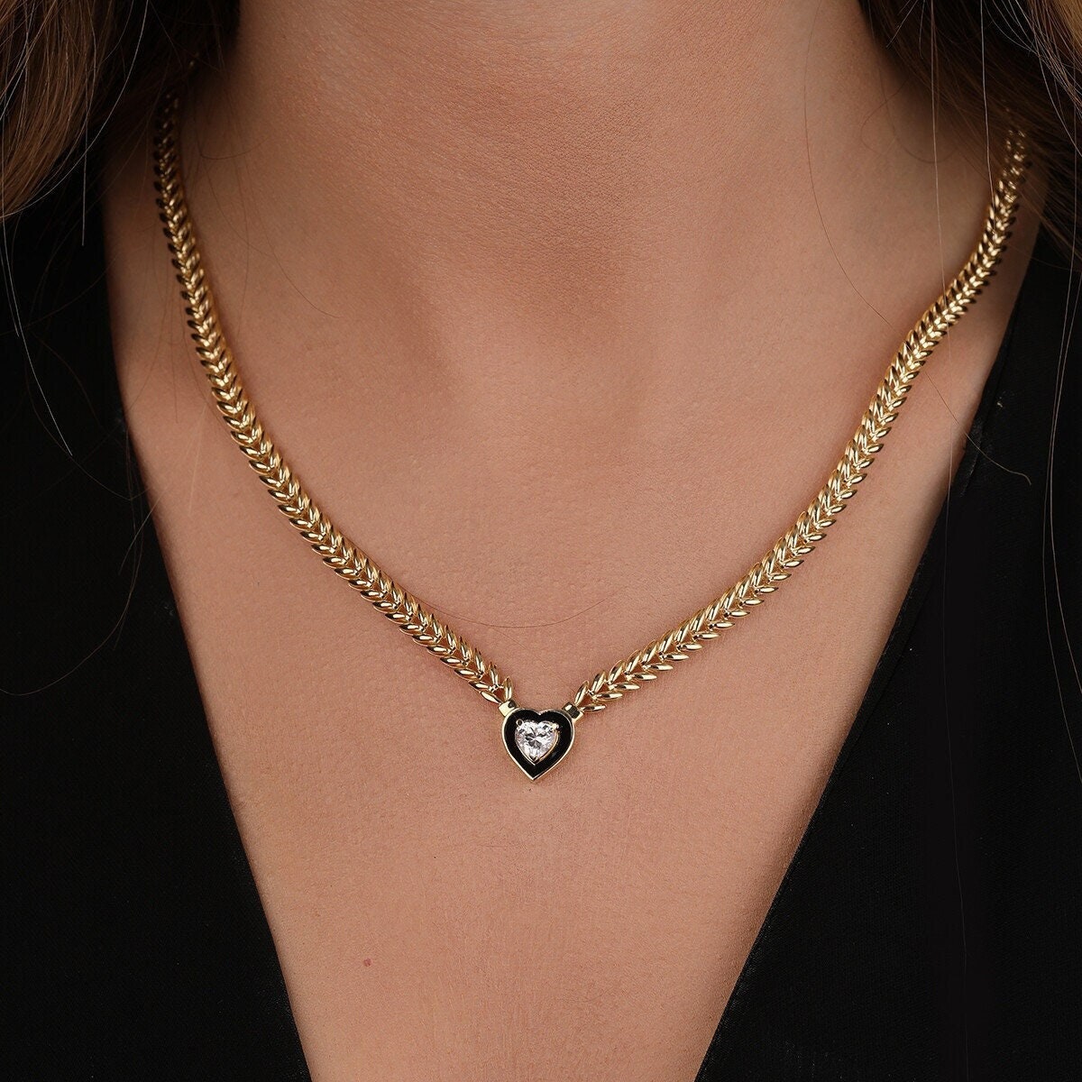 Herringbone Chain W/ Heart Necklace