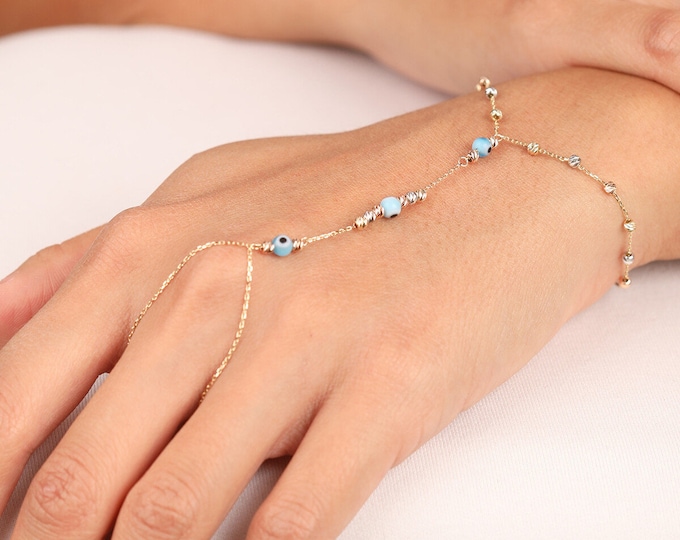 14K Gold Evil Eye Hand Chain Bracelet