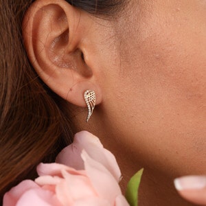 14K Gold Angel Wing Stud Earrings with CZ: Bridal Gift