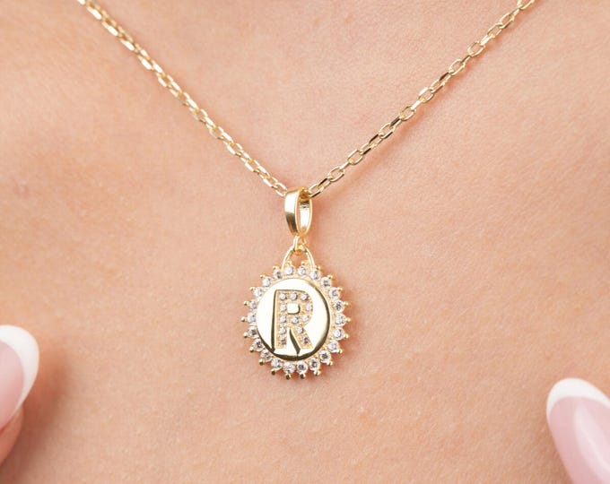 14K Gold Round Pave Initial Necklace