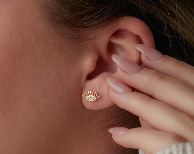 14k Gold Evil Eye Stud Earrings